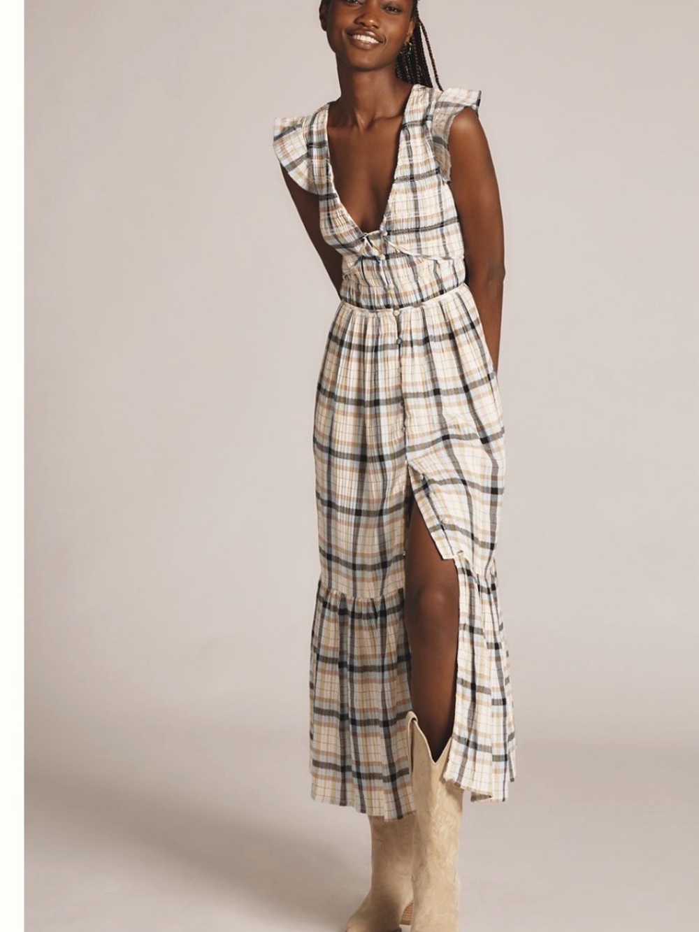 Anthropologie Plaid Maxi Dress in Cream and Blue